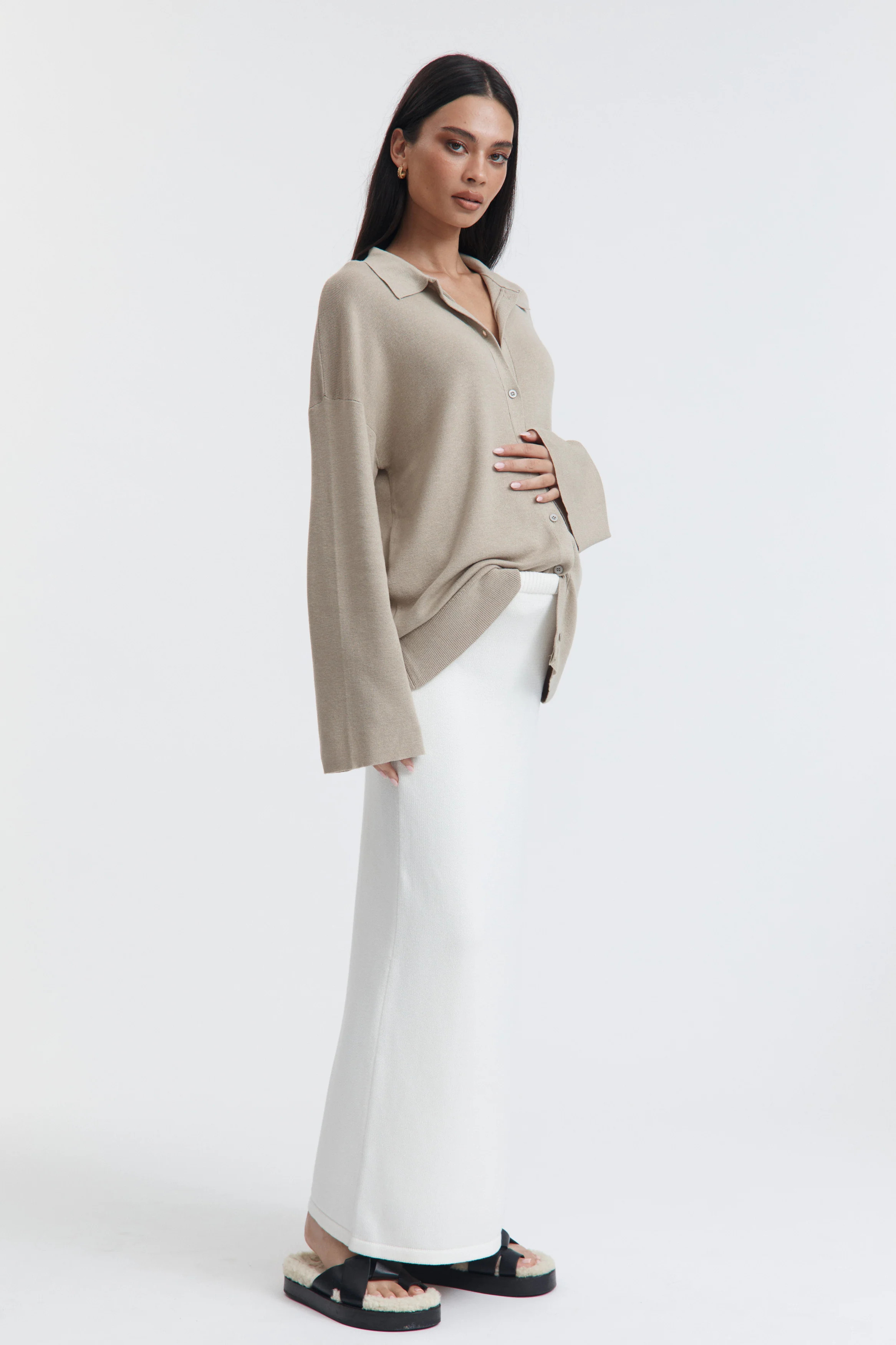 LS Button Down Collar Top (Taupe) | Legoe Heritage Maternity APAC