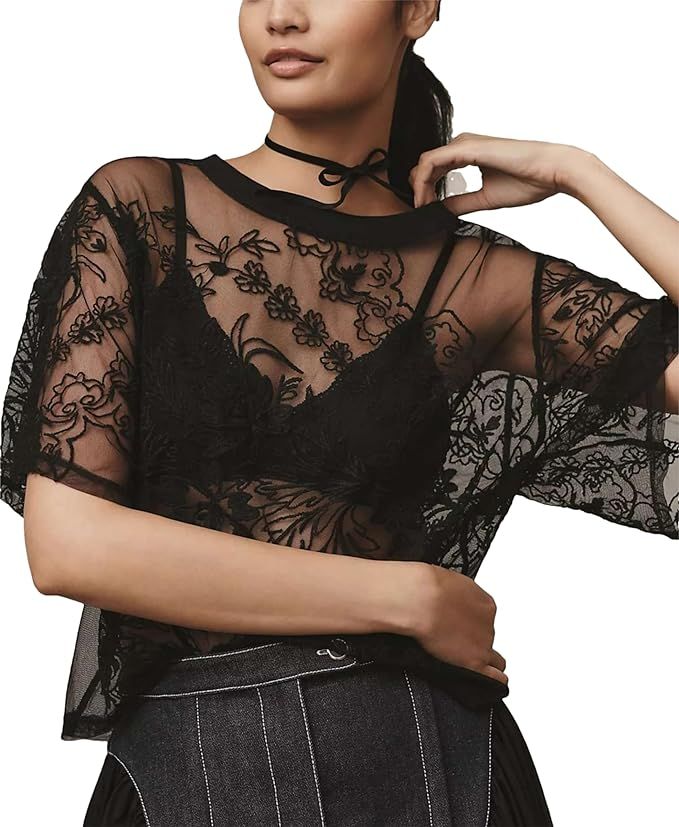 Women's Sexy Mesh Tops Short Sleeve Round Neck Lace 3D Printed Floral Sheer Blouse See Through La... | Amazon (US)