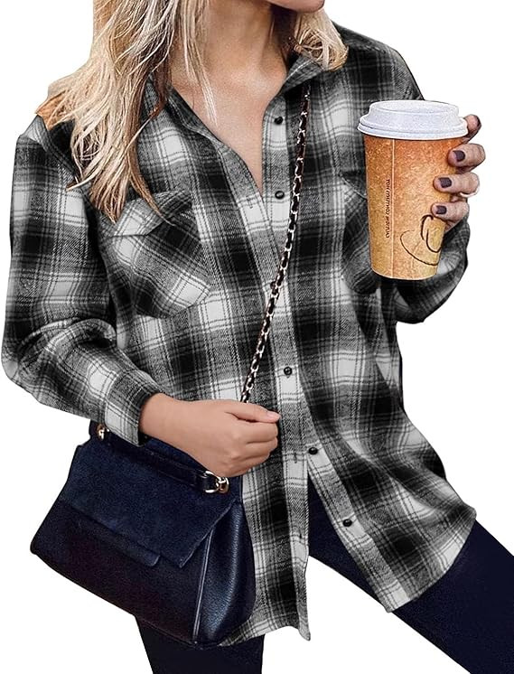 BTFBM Women Corduroy Shacket Jacket 2022 Long Sleeve Button Down Casual Plaid Flannel Shirts Boyf... | Amazon (US)