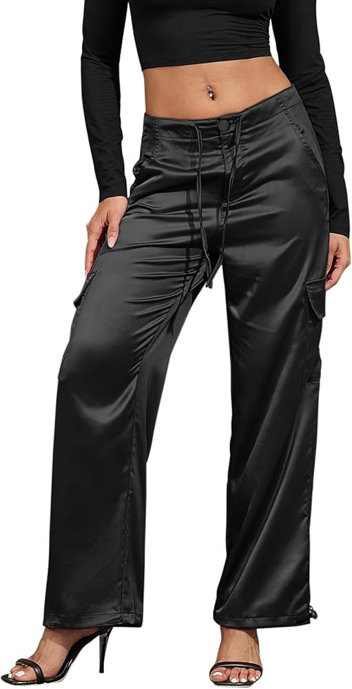 Perfashion Women Satin Pants Silk Wide Leg Trousers Cargo Joggers Drawstring Going Out Concert Ou... | Amazon (US)