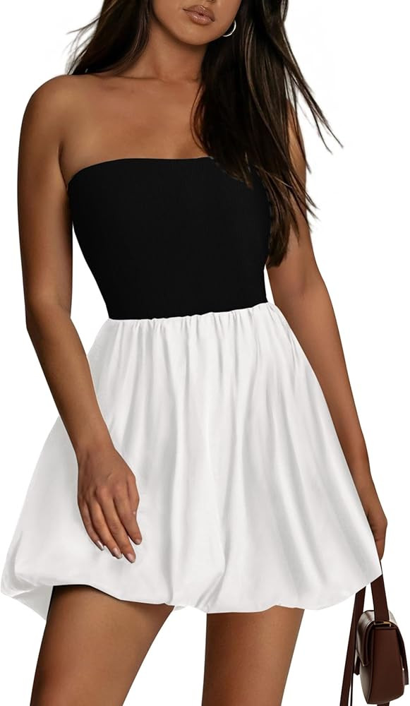 KIRUNDO Strapless Dress for Women Bubble Hem Summer Sexy Tube Top 2025 A Line Patchwork Mini Beac... | Amazon (US)