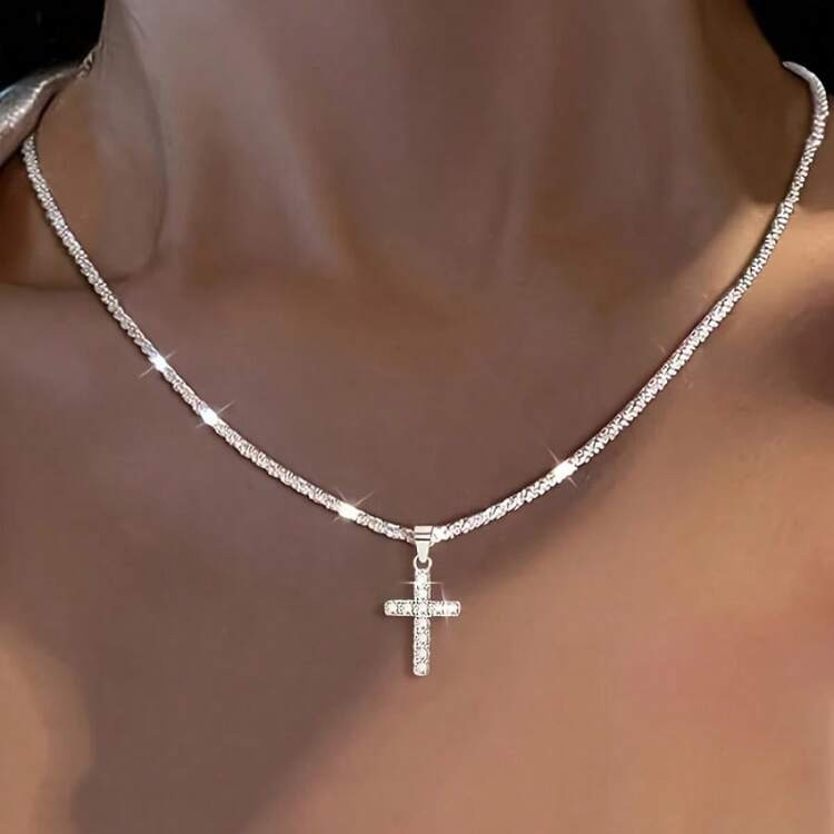 925 Sterling Silver Fashion Youth Plated Chain Cross Pendant Starlight Bright Hypoallergenic Necklace, Elegant Temperament Cool Versatile Jewelry Perfect Gift For Women | SHEIN
