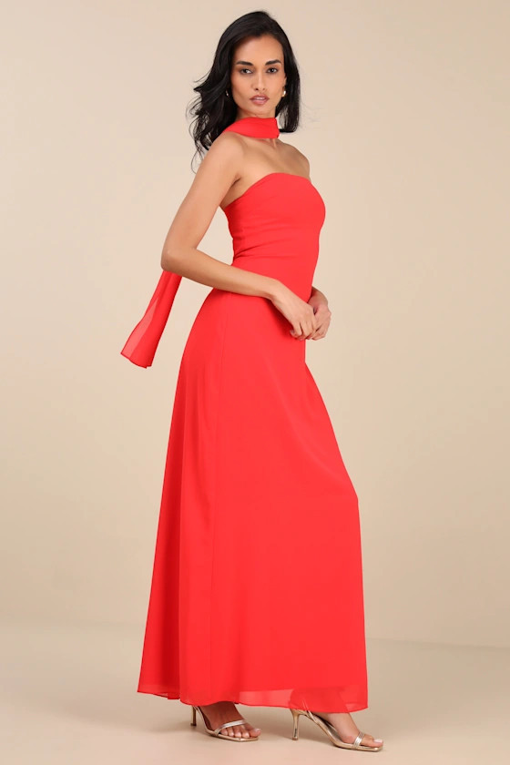 Rawya Red Orange Strapless Maxi Dress and Scarf Set | Lulus