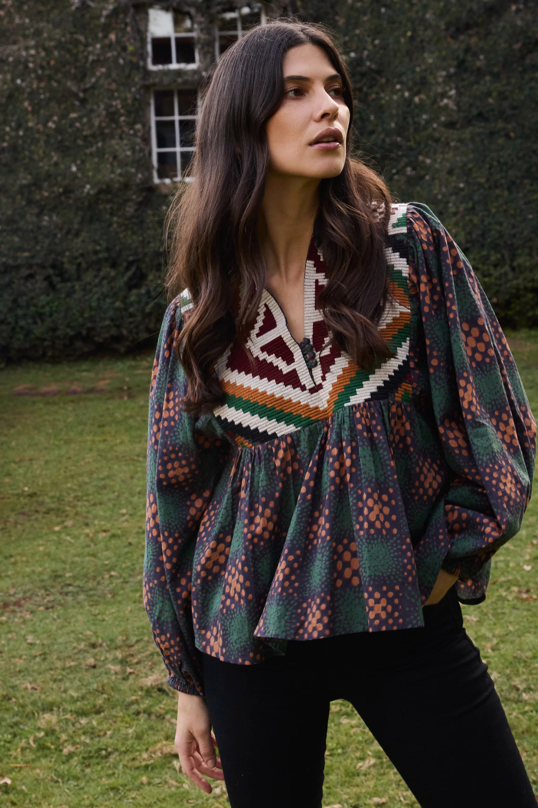 Mandarin Balloon Top- Matrix Green | Oliphant Design