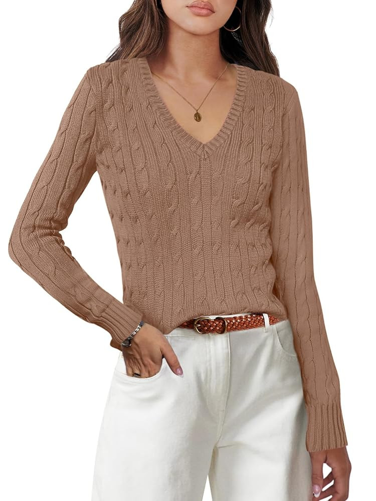 ANRABESS Women's Long Sleeve V Neck Cable Knit Sweater Jumper 2025 Fall Pullover Top Cute Soft La... | Amazon (US)