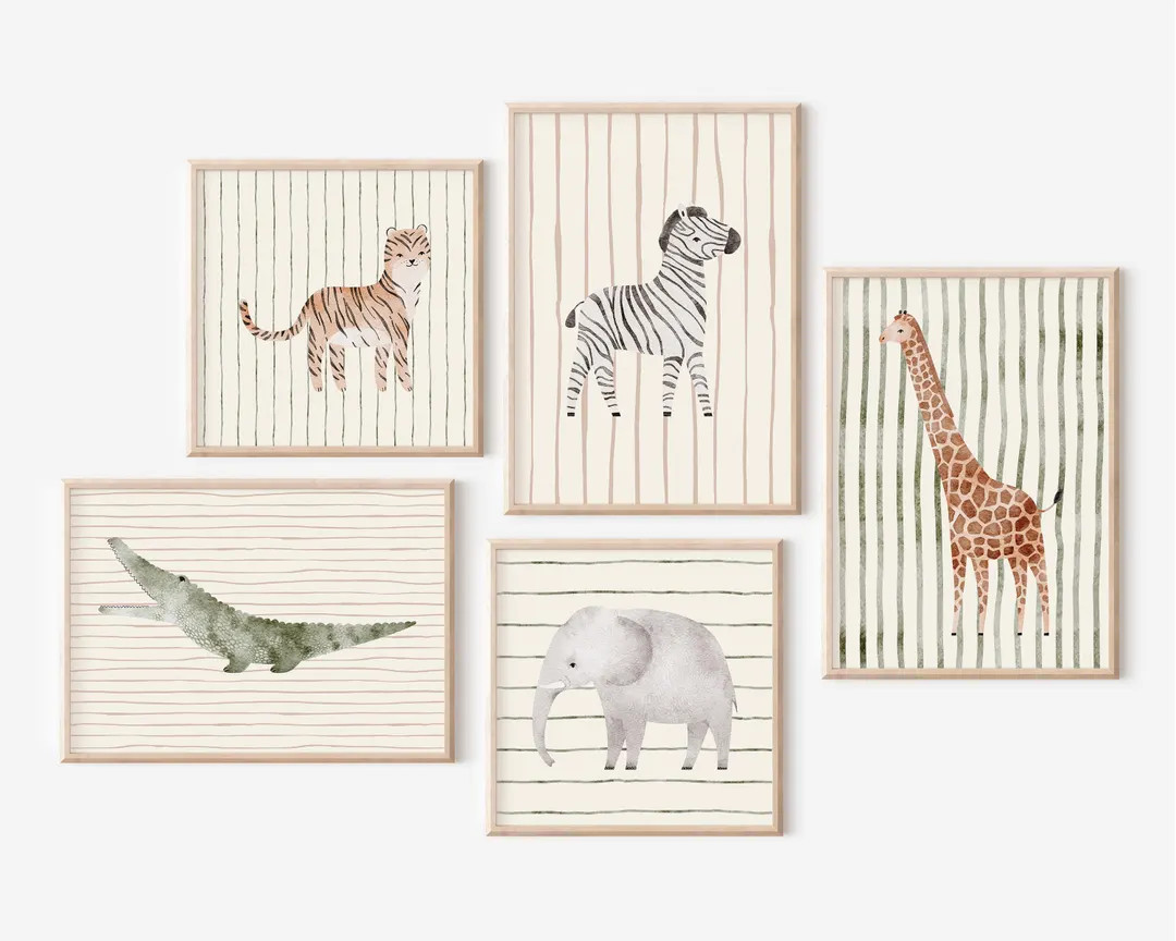 Safari Animal Art Print Set of 5 with Neutral Stripe Backgrounds for Nursery, Kids Room, Playroom | Etsy (US)