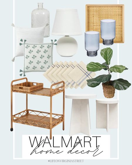 Walmart home decor finds! This includes this bar cart, side table, faux fiddle leaf fig plant, throw pillows, table lamp, blue glasses, natural cane tray, napkins, glass vase and more!!

walmart, walmart home finds, walmart finds, coastal style, coastal home decor, coastal living, walmart spring decor, faux plant, walmart home, coastal home, beach house decor, walmart coastal decor

#LTKFind #LTKhome #LTKSeasonal