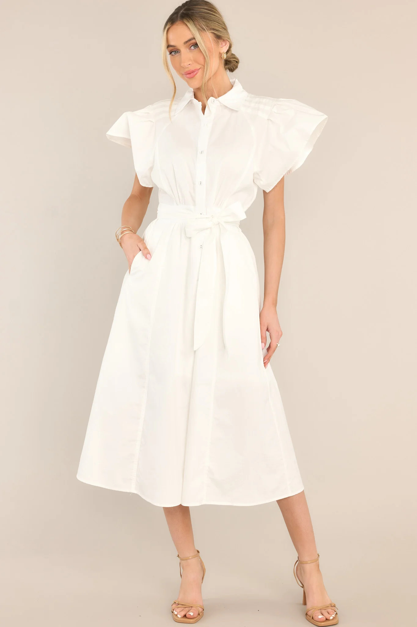 I Just Know White Cotton Button Front Midi Dress | Red Dress