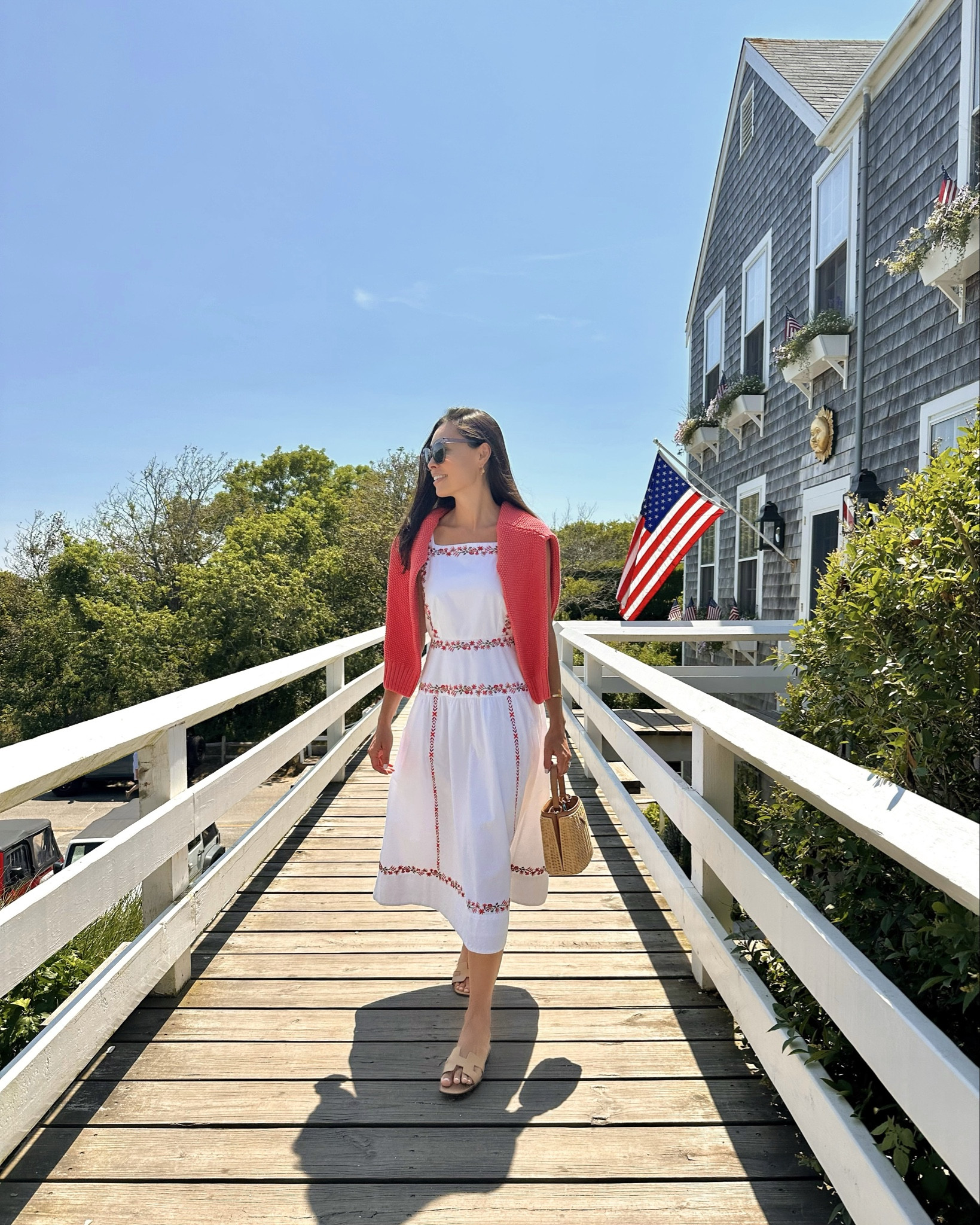 Dress is on major sale! White summer dress, summer outfit, Nantucket red cardigan sweater, Nantucket style. 

#LTKStyleTip #LTKSeasonal #LTKSaleAlert