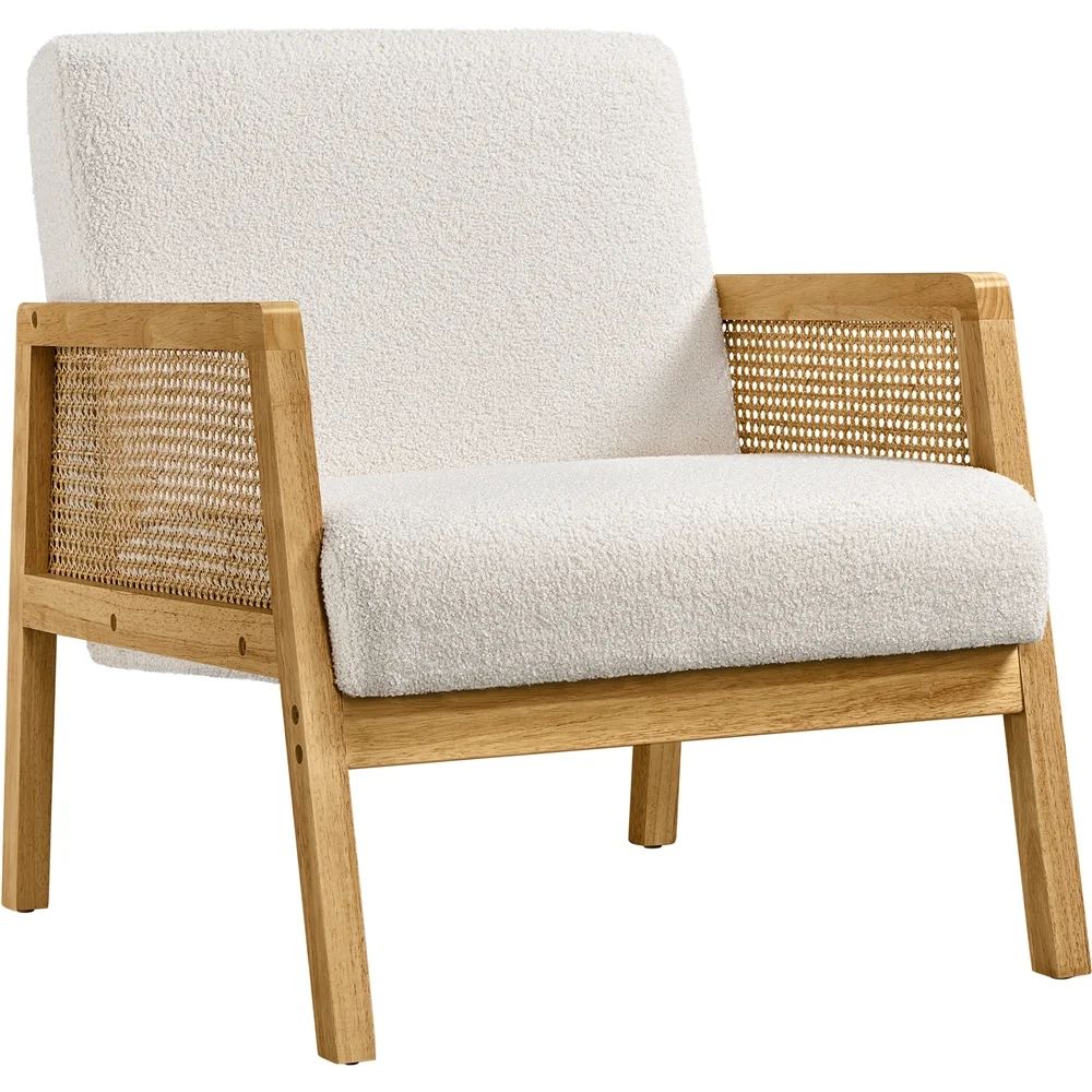 Easyfashion Fabric Upholstered Accent Chair with Rattan Sides,Ivory | Walmart (US)