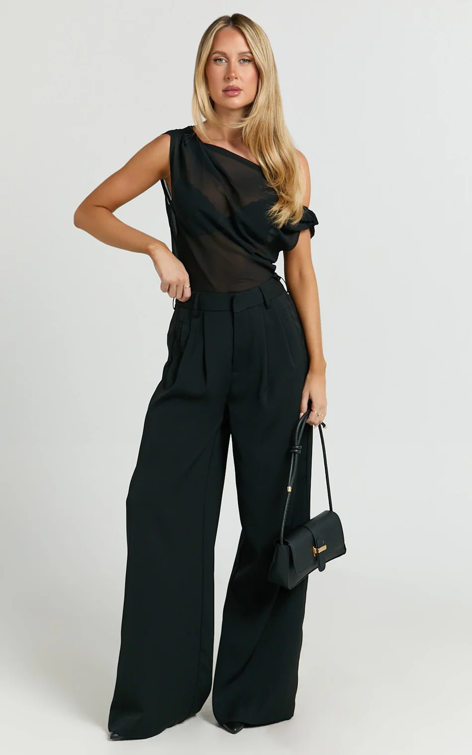 Xandria Pants - Low Rise Double Pleated Wide Leg Pants in Black | Showpo (ANZ)