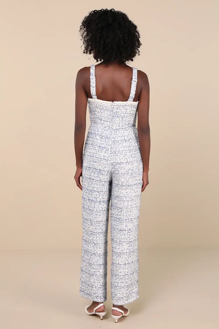 Upscale Posture Blue Tweed Sequin Pearl Sleeveless Jumpsuit | Lulus