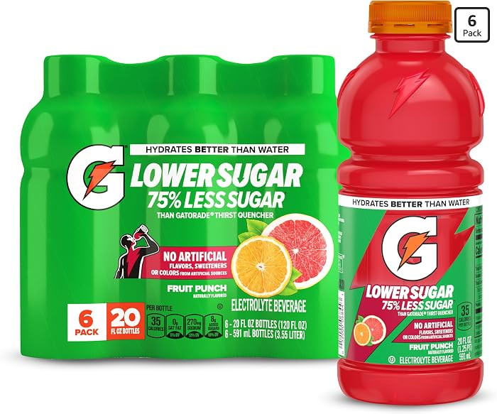 Gatorade Lower Sugar Sports Drink, Fruit Punch, 20 fl oz Bottles, (6 Pack) | Amazon (US)