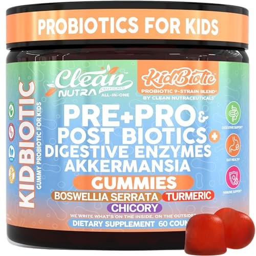 Clean Nutra Kids Probiotics Gummies with Prebiotics, Postbiotics, Digestive Enzymes, Akkermansia, Boswellia Serrata, Turmeric, Chicory – 60 Count – Plant-Based Supplement for Kids – PeachPop Flavor | Amazon (US)