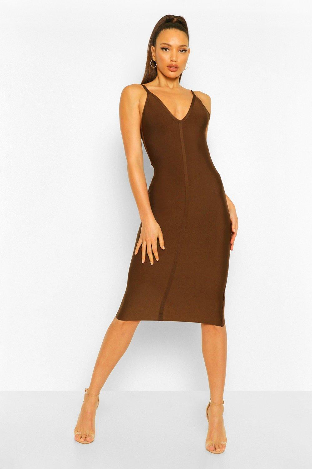 Womens Tall Bandage V-Neck Bodycon Midi Dress - Brown - 10 | Boohoo.com (US & CA)