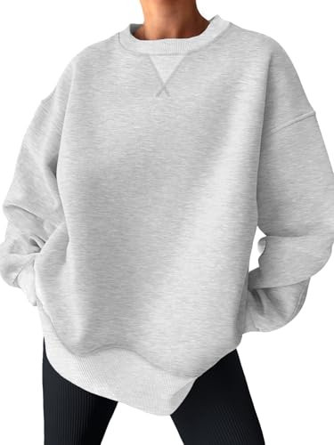 Trendy Queen Womens Oversized Crewneck Sweatshirt Fleeced 2025 Fall Fashion Outfits Clothes Clothing Loose Fit Comfy Crew Neck Color Block Pullover Top Grey | Amazon (US)