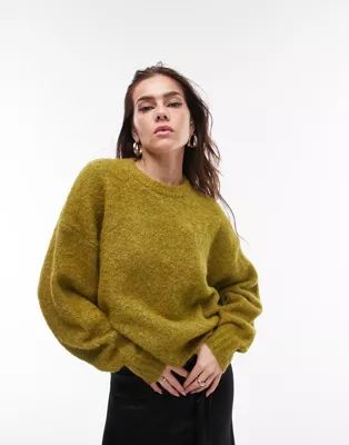 Topshop knit boxy boucle sweater in dark green | ASOS (Global)