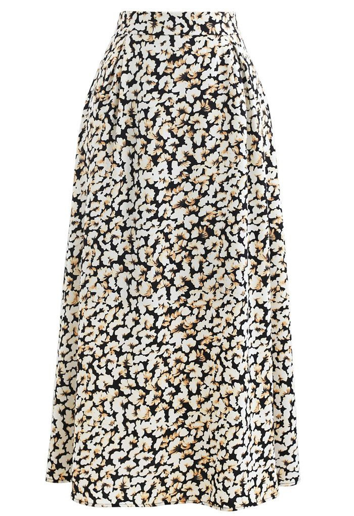 Tumbling Flowers Printed A-Line Midi Skirt in Light Yellow | Chicwish