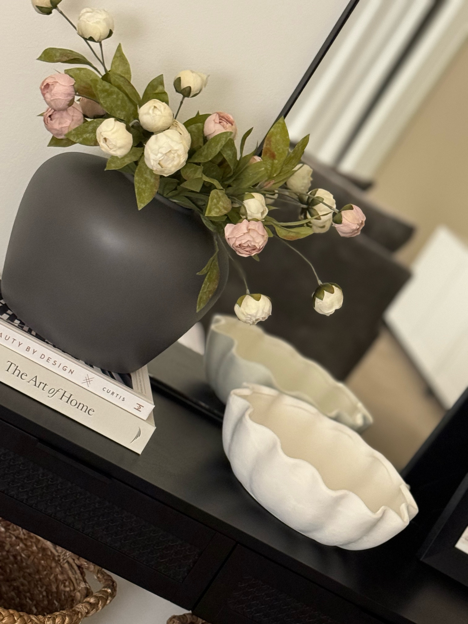 Faux stems, peony, matte gray vase, console table styling, decorative bowl, coffee table books, home styling, neutral decorr

#LTKSeasonal #LTKsalealert #LTKhome