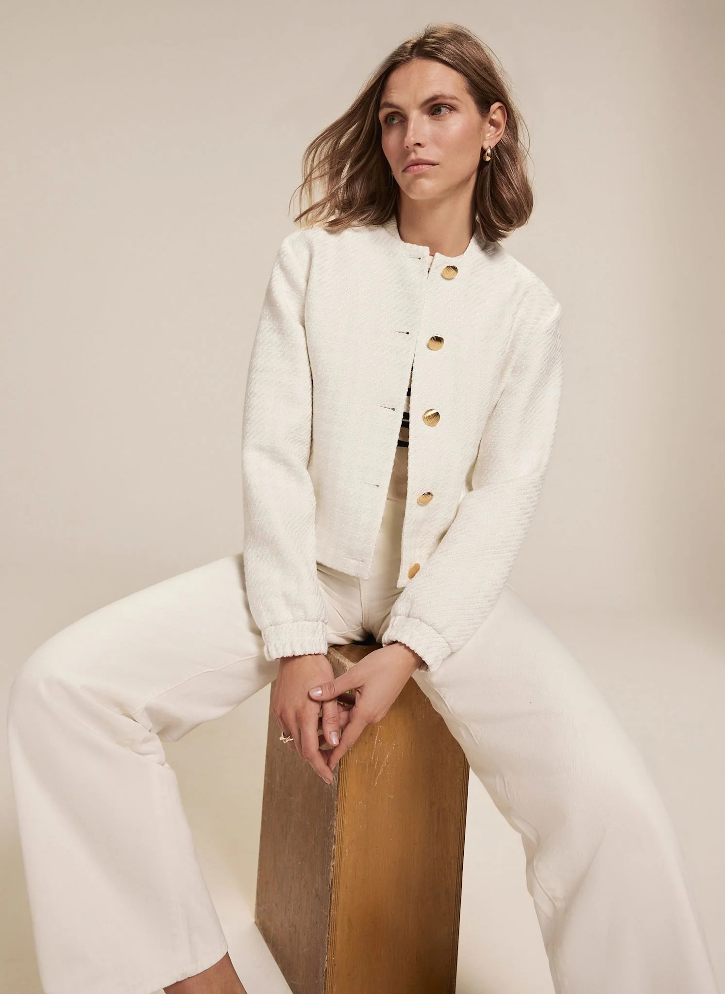 Cream Boucle Bomber Jacket | Mint Velvet