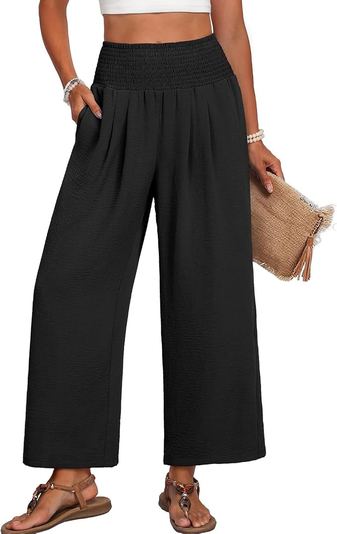 Lepunuo Wide Leg Palazzo Pants for Women Summer Trousers with Pockets | High Smocked Waisted, Bea... | Amazon (US)