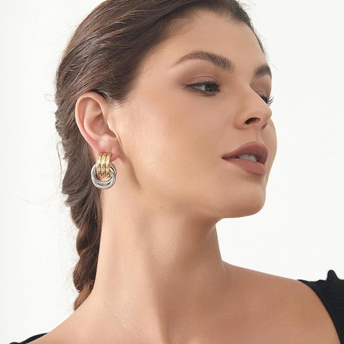 Gold-Plated Chunky Gold Earrings for Women Knot Link Circle Geometric Drop Dangle Earrings Studs ... | Amazon (US)