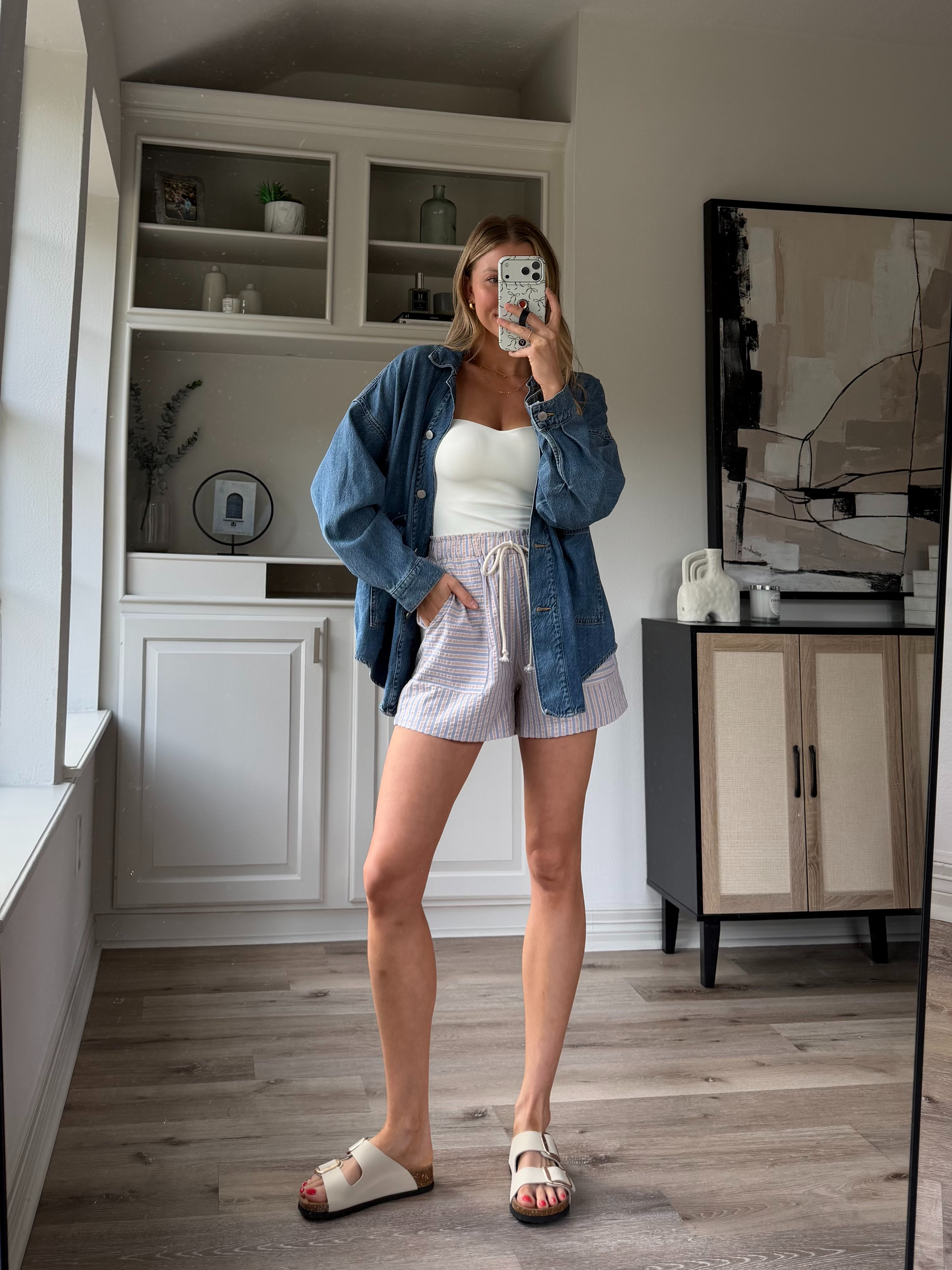 Casual cute mom outfit | wearing S in tank, M denim shirt, S shorts 

 
