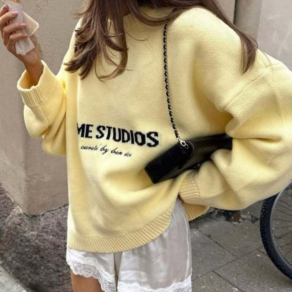 Yellow Graphic Sweater Letter Ribbed Hem Long Sleeve Sweater | Poshmark
