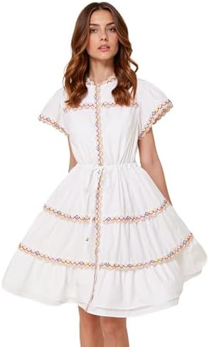 LAI MENG FIVE CATS Women's Puff Sleeves Stand Collar Embroidery Casual Mini Dress with Elastic Dr... | Amazon (US)