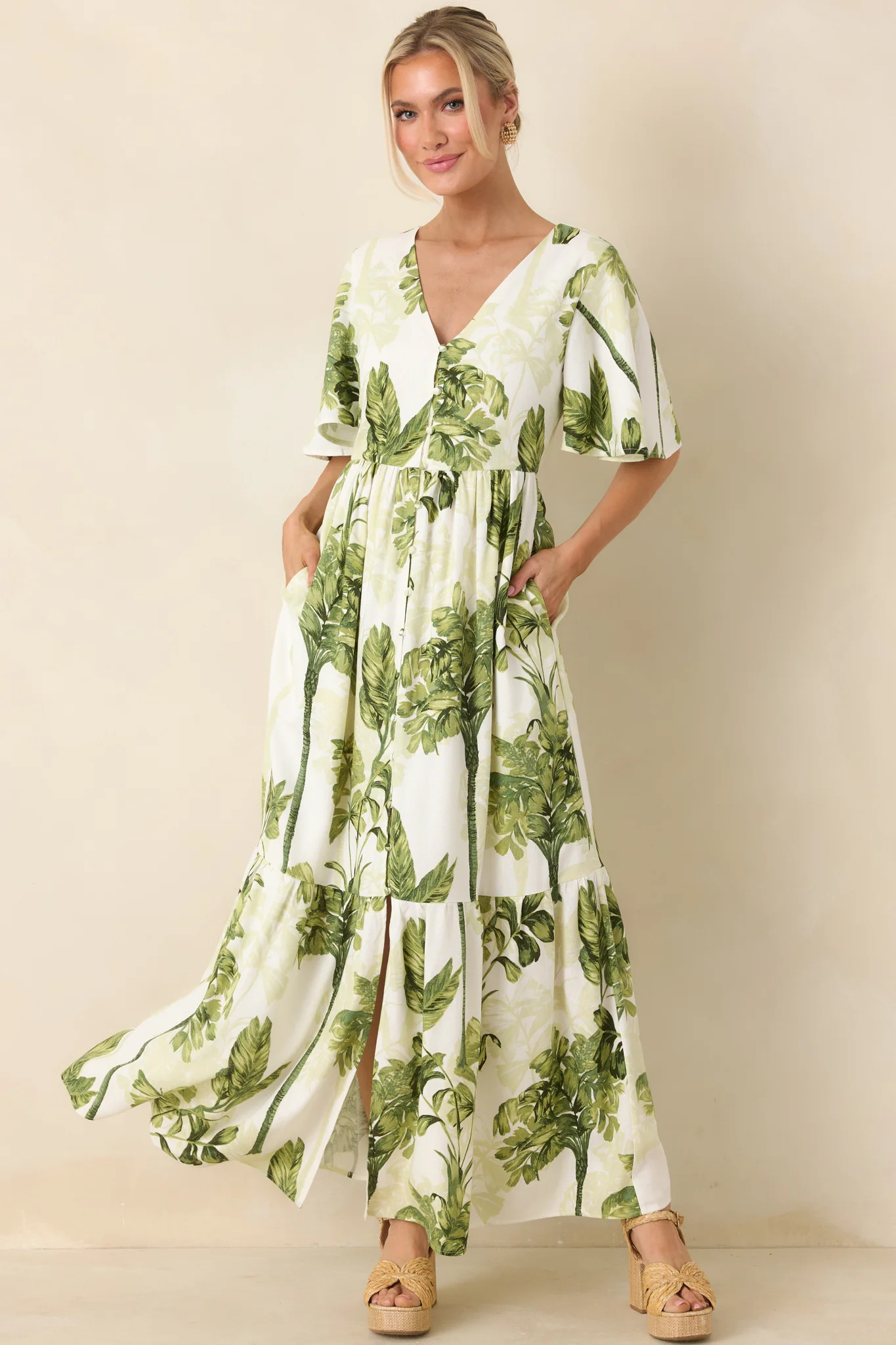 Under Swaying Palms Ivory & Green Tropical Flutter Maxi Dress | Red Dress