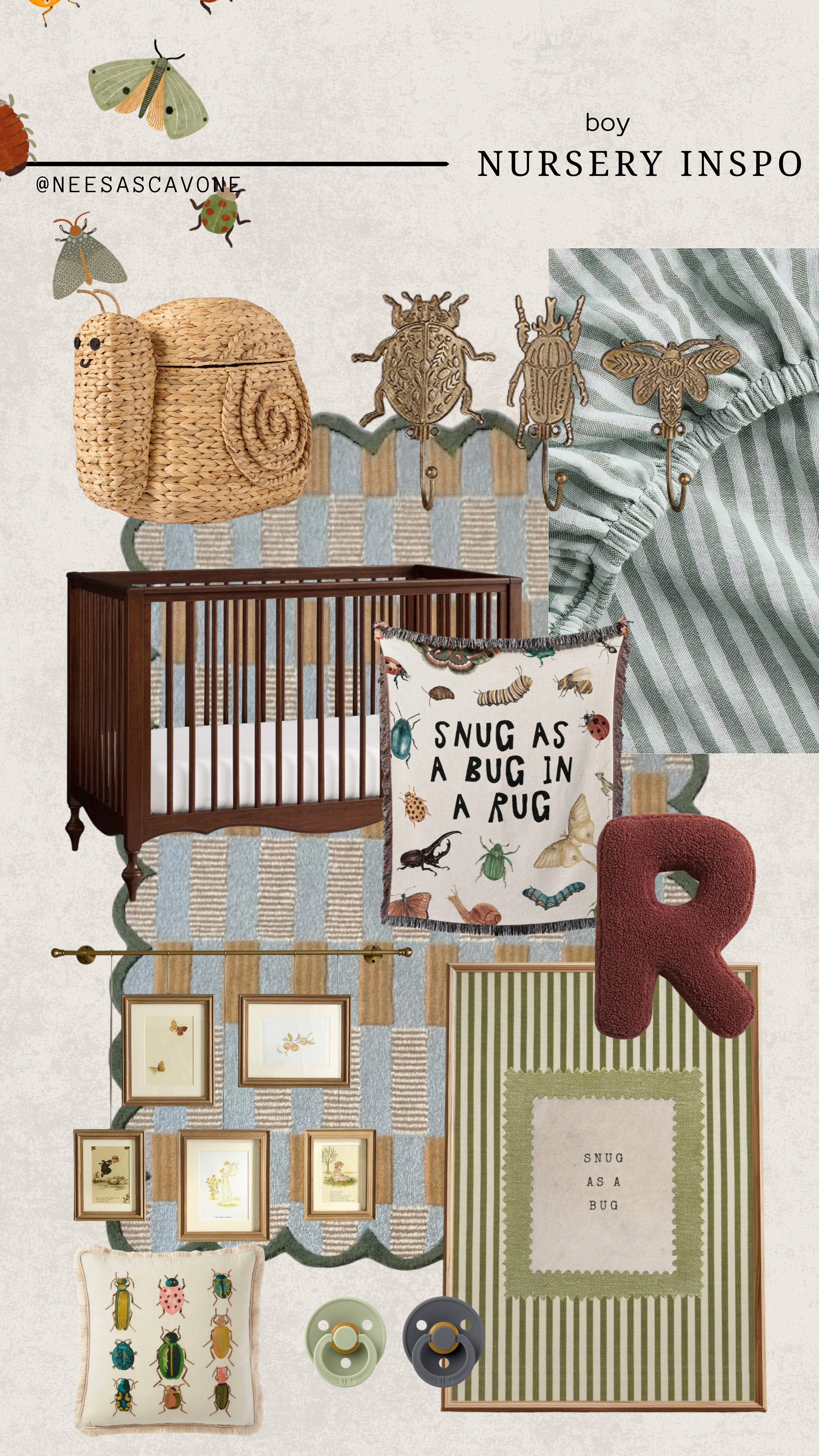 Obsessed with this vintage bug nursery vibe 🐞🪲 earthy tones, textures, and the sweetest “snug as a bug” details. If you’re designing a boy nursery that feels cozy, unique, and not overly themed—this is it. Think: wood crib, muted greens, subtle stripes, and the cutest insect accents for a timeless look that still feels playful. Everything linked for easy shopping 🤎

boy nursery ideas vintage nursery decor bug nursery theme neutral nursery boy earthy nursery inspo baby boy room decor cozy nursery aesthetic nursery design ideas baby room inspiration wood crib nursery green nursery decor vintage kids room bug decor nursery striped nursery bedding nursery wall art baby boy nursery theme modern vintage nursery nursery mood board LTKhome nursery styling ideas 

 #LTKHome #LTKBaby #LTKBump