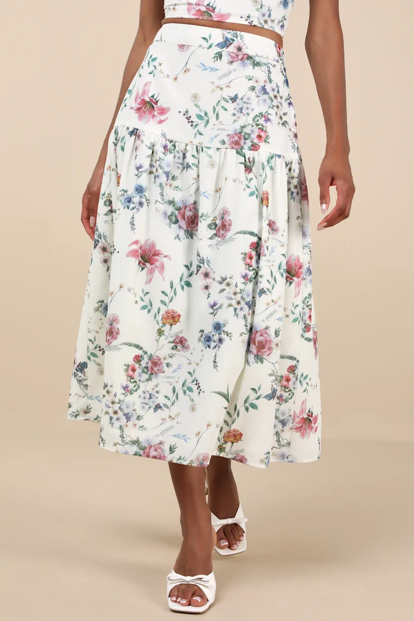 Beautifully Chic White Floral Drop Waist Midi Skirt | Lulus