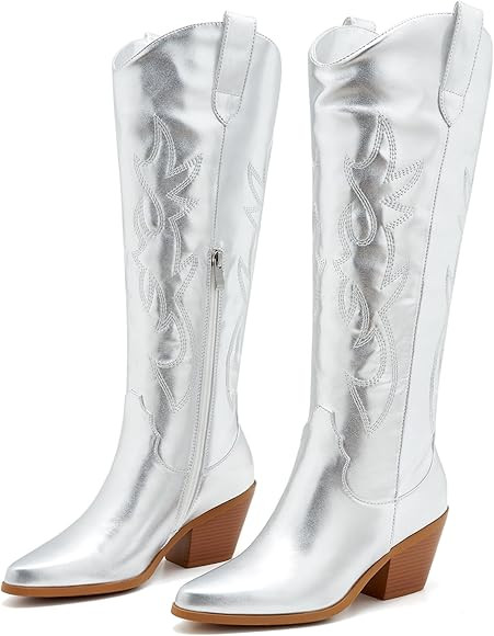 ZXHYZLZ Western Cowboy Boots for Women - Knee High Wide Calf Cowgirl Boots with Side Zip and Embr... | Amazon (US)