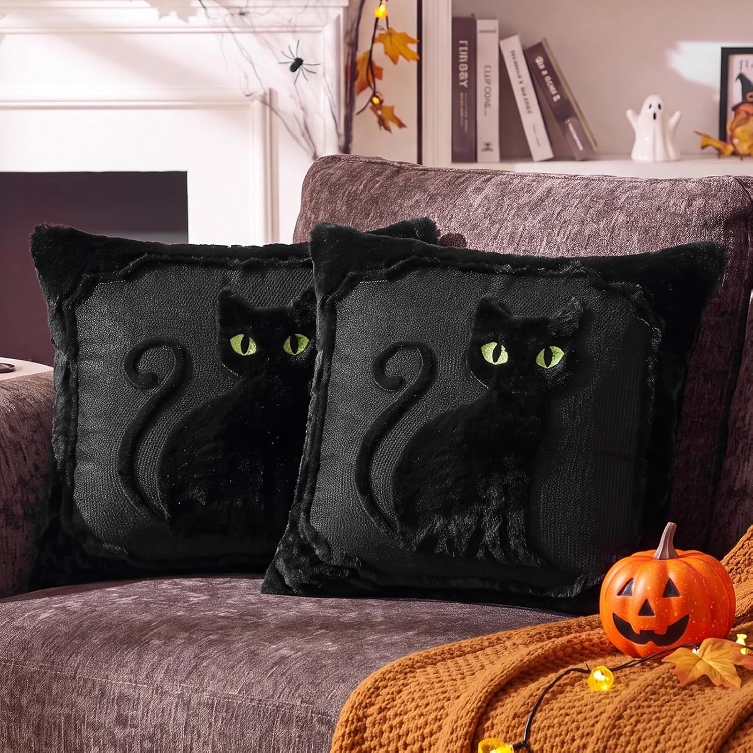 Hahafelt 2 Pack Halloween Pillow Covers 18 x 18 Inch Black Cat Pillow Cover | Amazon (US)