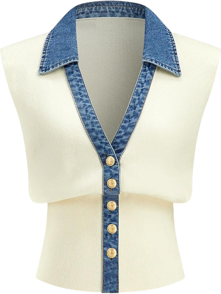 Womens Denim Trim Sweater Vest Sleeveless V Collar Crop Tank Top Knit Loose Pullover Outfit | Amazon (US)