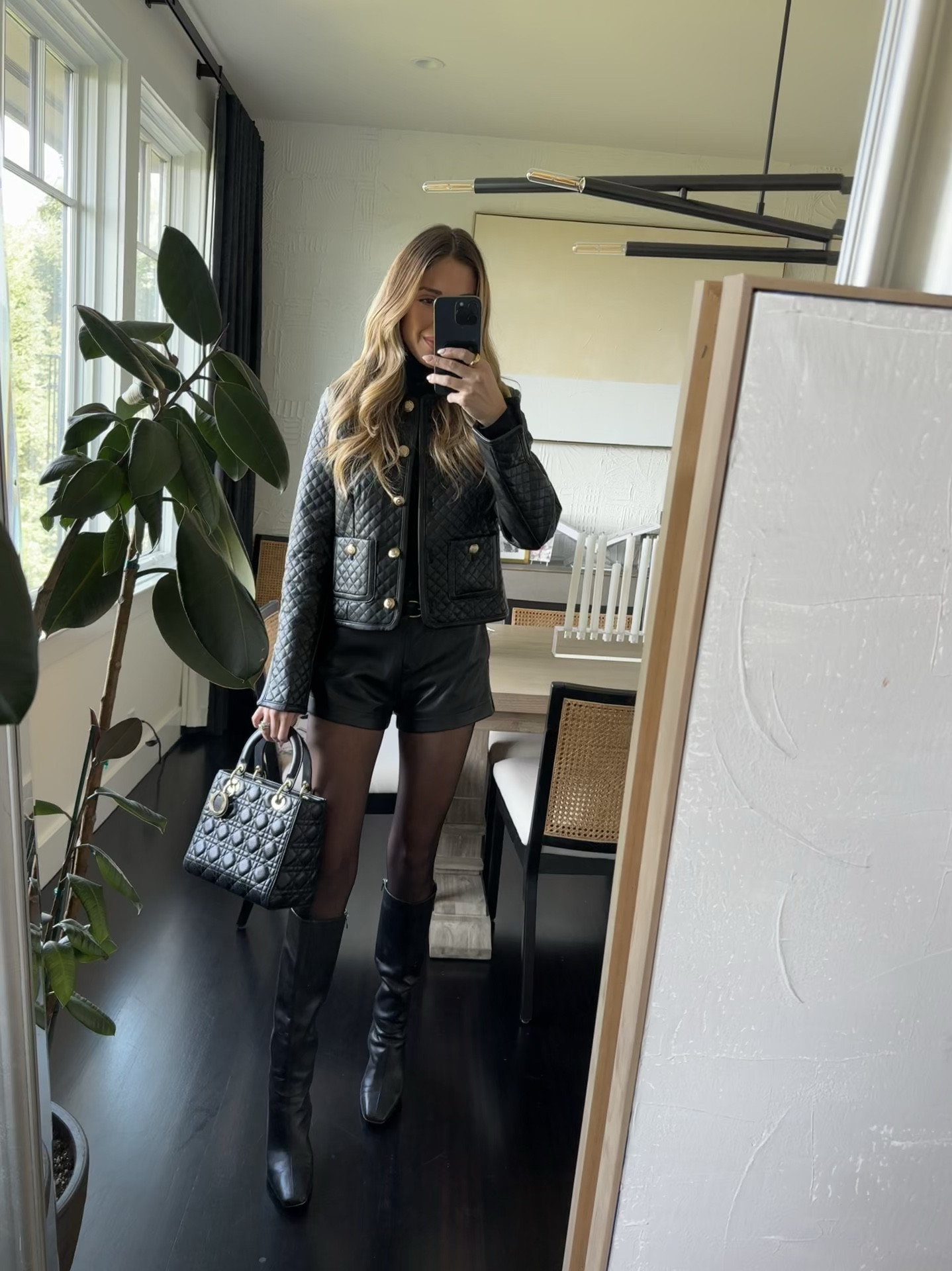 Thanksgiving, Friendsgiving, Holiday Luncheon. Fall outfit. Black leather jacket. Black leather shorts. Black leather boots. Lady Dior bag. 

#LTKCyberWeek #LTKWatchNow #LTKHoliday