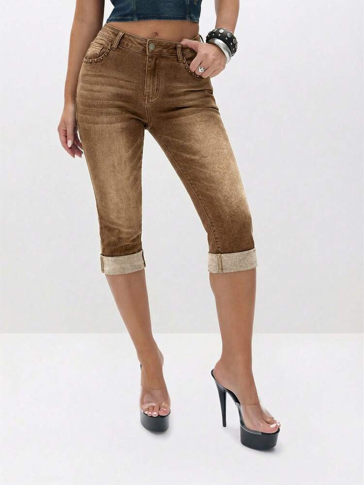 BABYPHAT Women Stretch Denim Capri Jeans With Turn Up Hems High Waisted Casual Summer Knee Length Pants | SHEIN