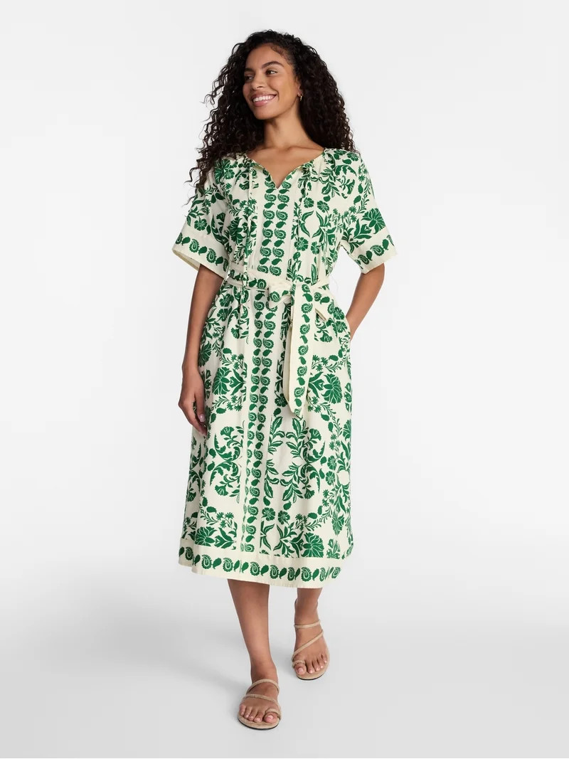 Time and Tru Women\u2019s Border Print Linen Blend Midi Dress, Sizes XS-XXXL | Walmart (US)