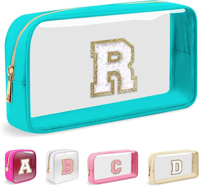 Small Clear Personalized Initial Makeup Bag,Nylon Preppy A-Z Chenille Letter Patch Cosmetic Pouch... | Amazon (US)
