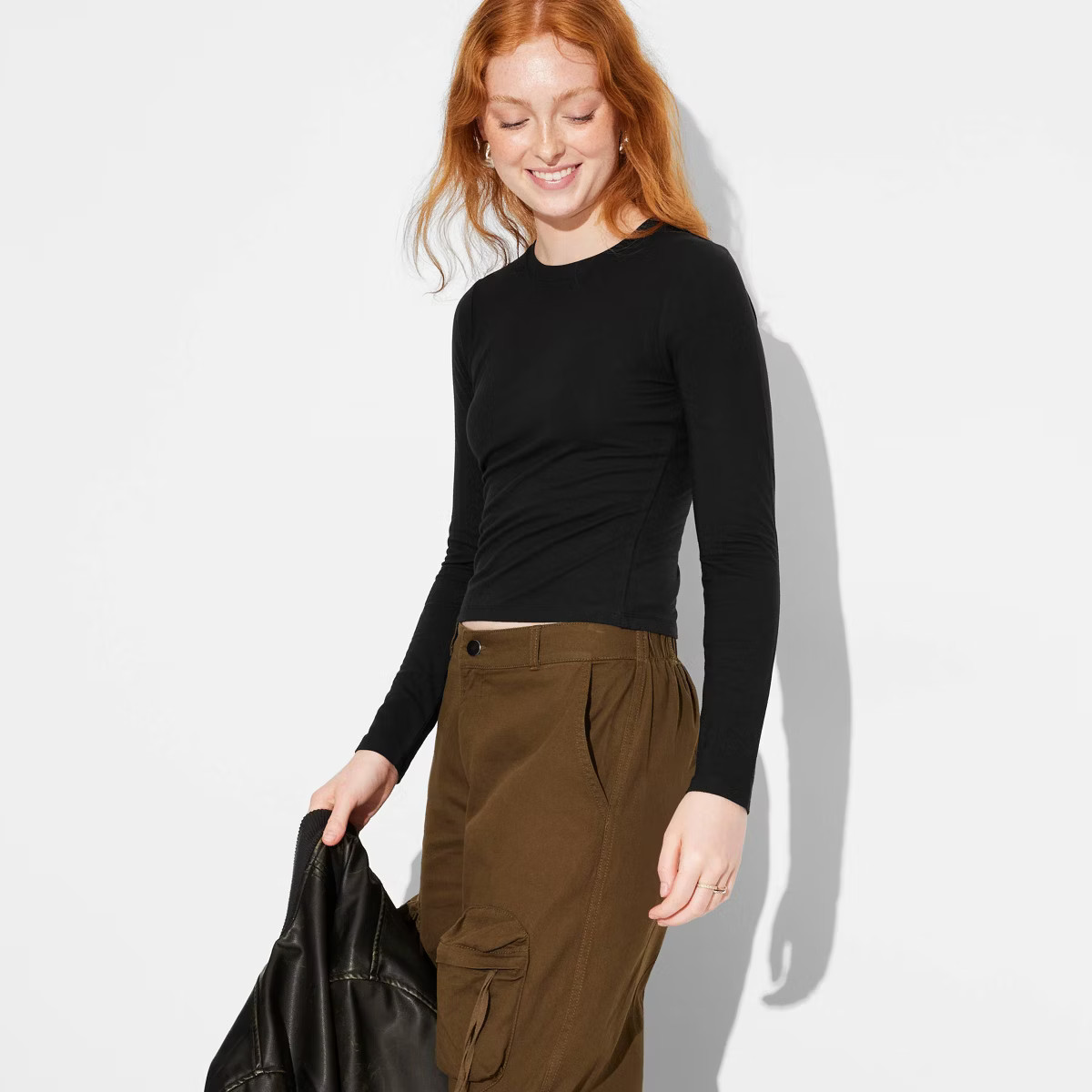 Women's Long Sleeve Base Layer T-Shirt - Wild Fable™ Black XS: Slim Fit, Crew Neck, Midweight J... | Target