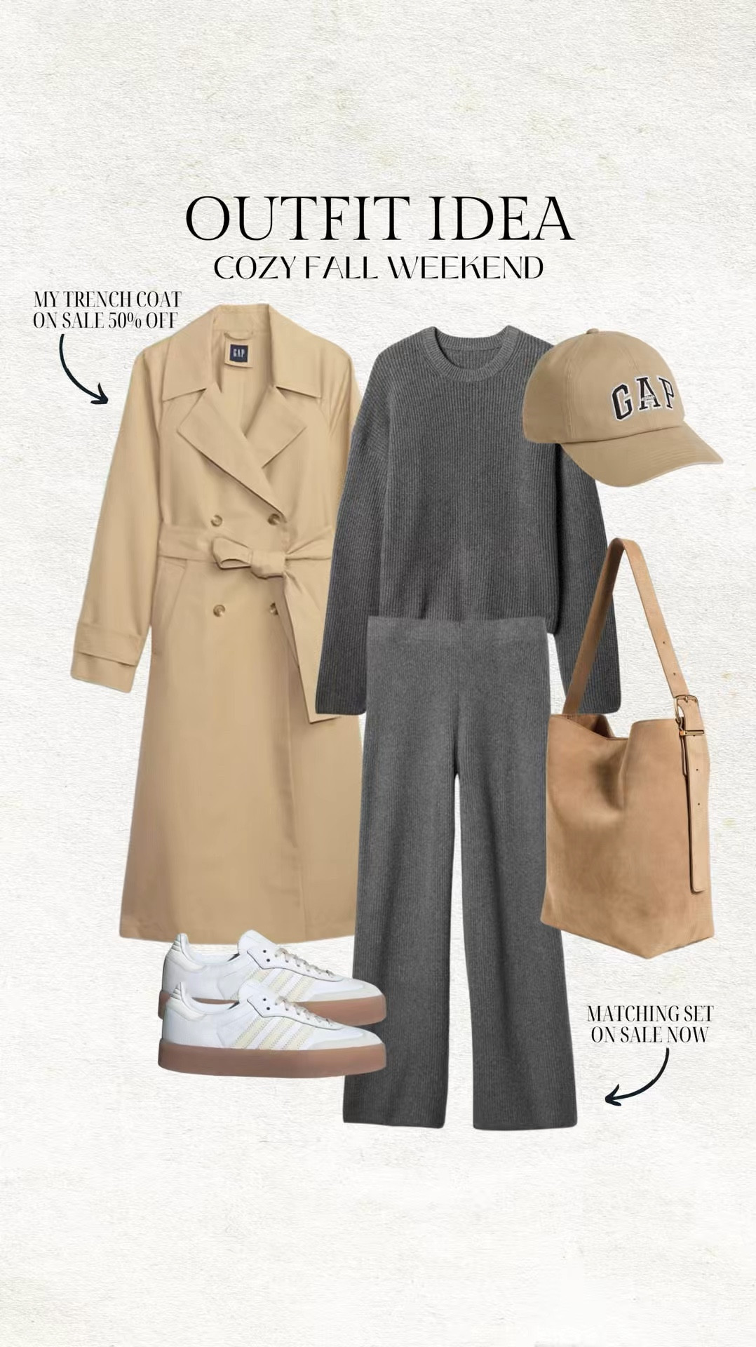 My trench coat is on sale 50% off right now making it under $100!  Cozy fall weekend outfit idea 🤎 matching set and hat on sale too

Fall outfits, tan trench coat, gap sale, fall jacket, matching set, sweater set, white sneakers, adidas sambae, suede bag, bucket bag, madewell bag, gap, adidas, mom outfit, weekend outfit, school drop off outfit, Christine Andrew #LTKFallSale 

#LTKVideo #LTKSaleAlert