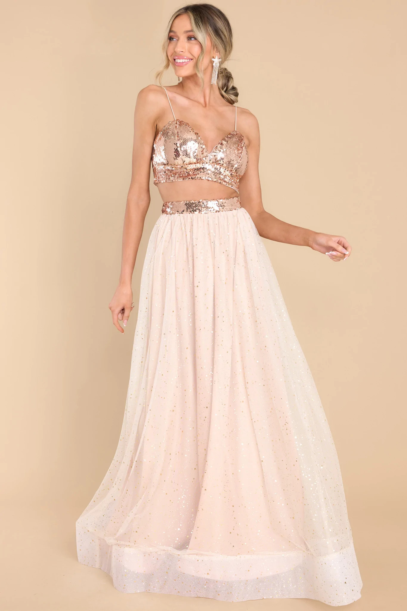 Boldly Beautiful Rose Gold Sequin Two Piece Set | Red Dress 