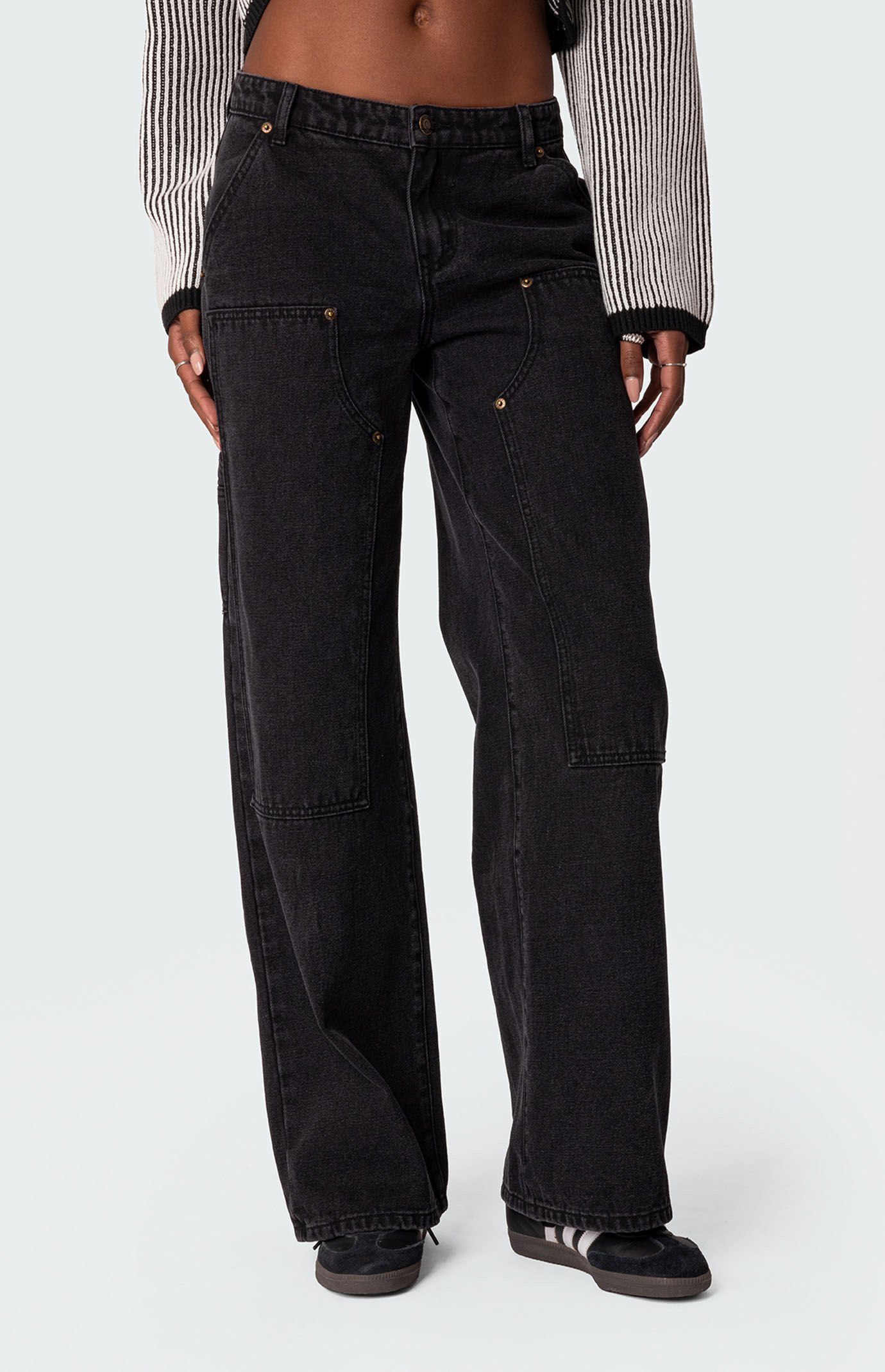 Edikted Women's Ayla Low Rise Carpenter Jeans in Washed Black - Size XS | PacSun