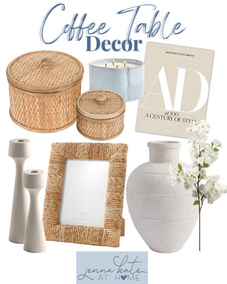 Coffee table decor includes coffee table book, lidded storage baskets, candle, candle sticks, rattan picture frame, white vase, floral stem.

Home decor, home accents, coffee table decor, shelf decor, coastal decor

#LTKhome #LTKstyletip #LTKunder100