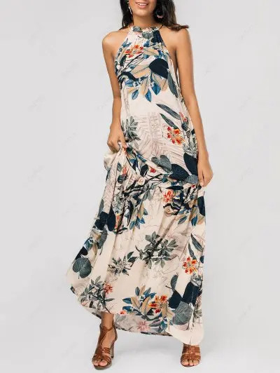 Leaf Print Dropped Armhole Maxi Dress | ZAFUL (Global)
