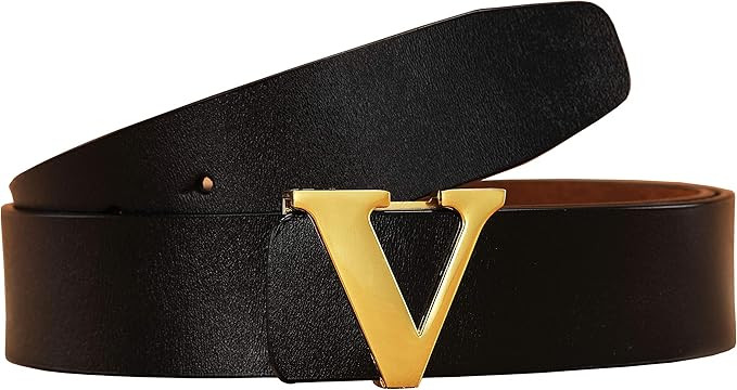 Men's Classic Gold/Silver V-Buckle Design Soft Calfskin Belt (Black Gold, 105cm/41.3inch(30-36)) ... | Amazon (US)