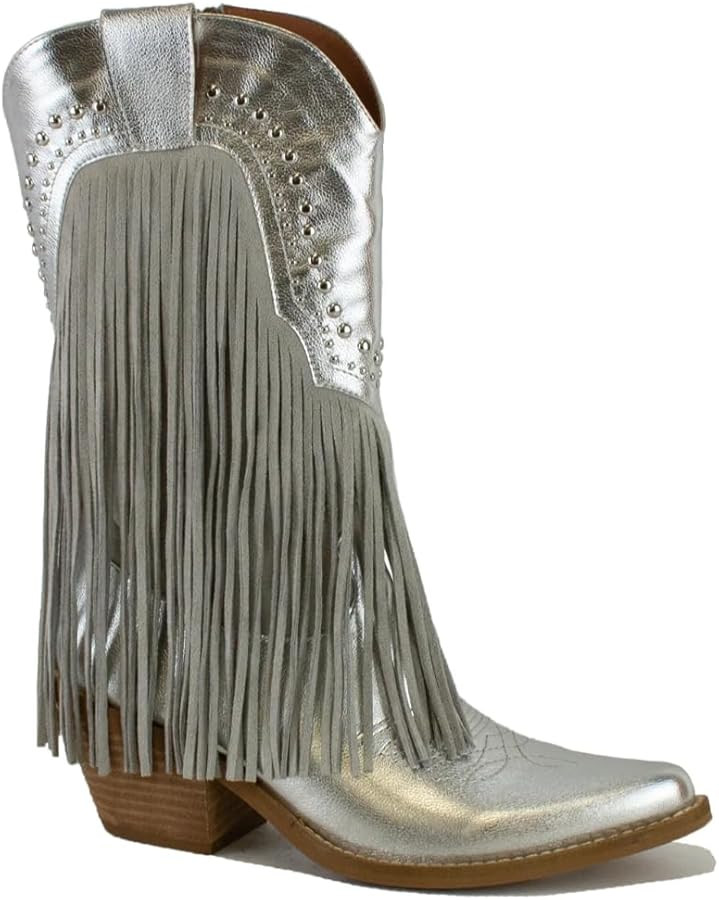 Women's Fringe Western Boots, Gold, Pointed Toe, Chunky Heel, Mid Calf, Cowgirl Boots | Amazon (US)