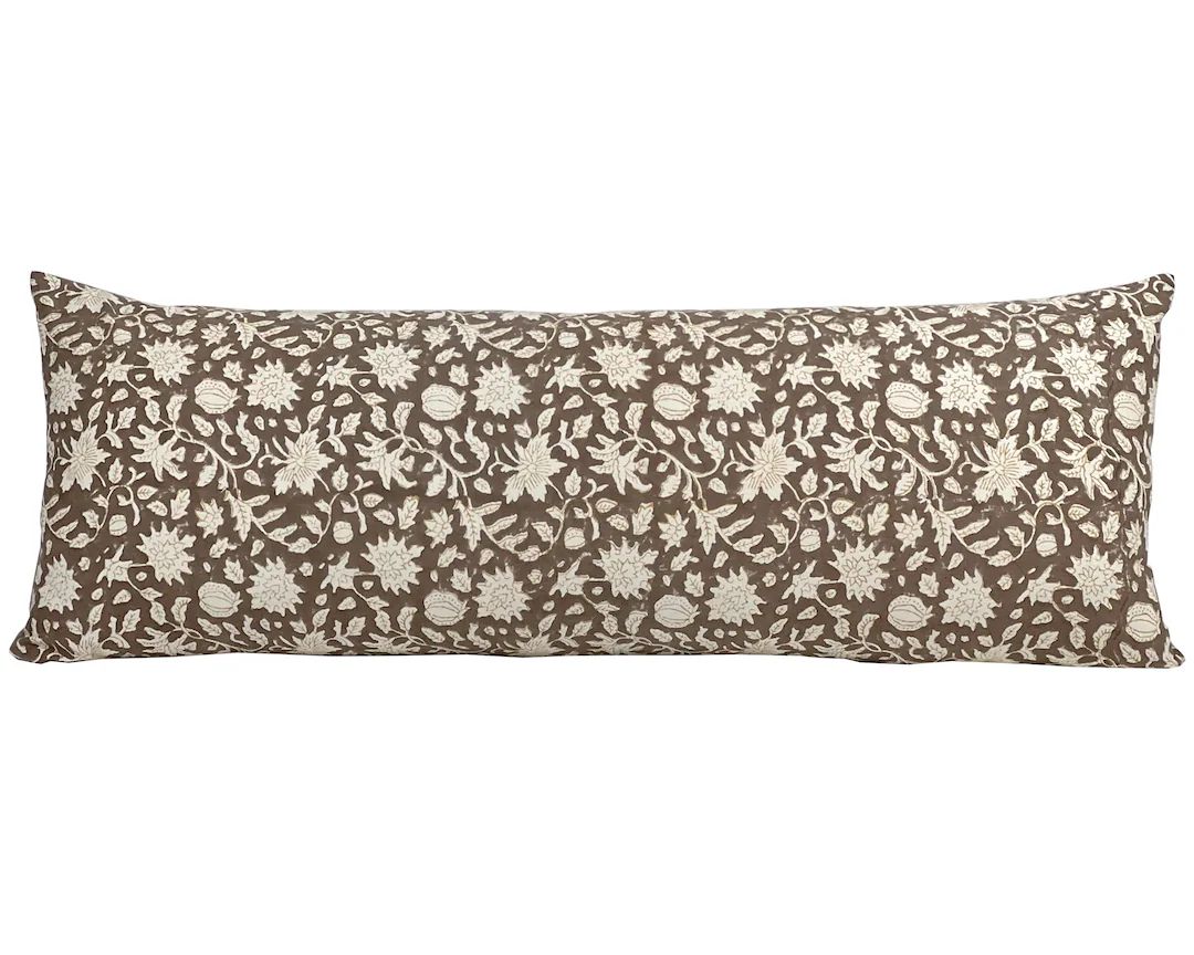 CAROB | Long Lumbar Designer Dark Brown Floral Linen Pillow Cover, Floral Block Print Pillow, Bro... | Etsy (CAD)