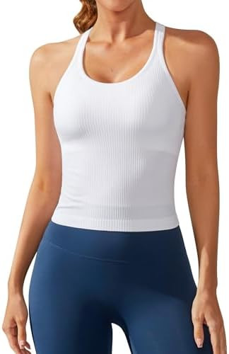 ATTRACO Women Ribbed Workout Crop Tops with Built in Bra Yoga Racerback Tank Top Tight Fit | Amazon (US)