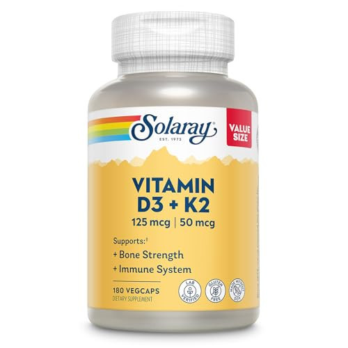 SOLARAY Vitamin D3 K2 - Bone Health and Immune Support Supplement - With 5000 IU Vitamin D as Vit D3 and 50 mcg Vitamin K2 as Menoquinone MK7, Made Without Soy, 60-Day Guarantee, 180 Serv, 180 VegCaps | Amazon (US)